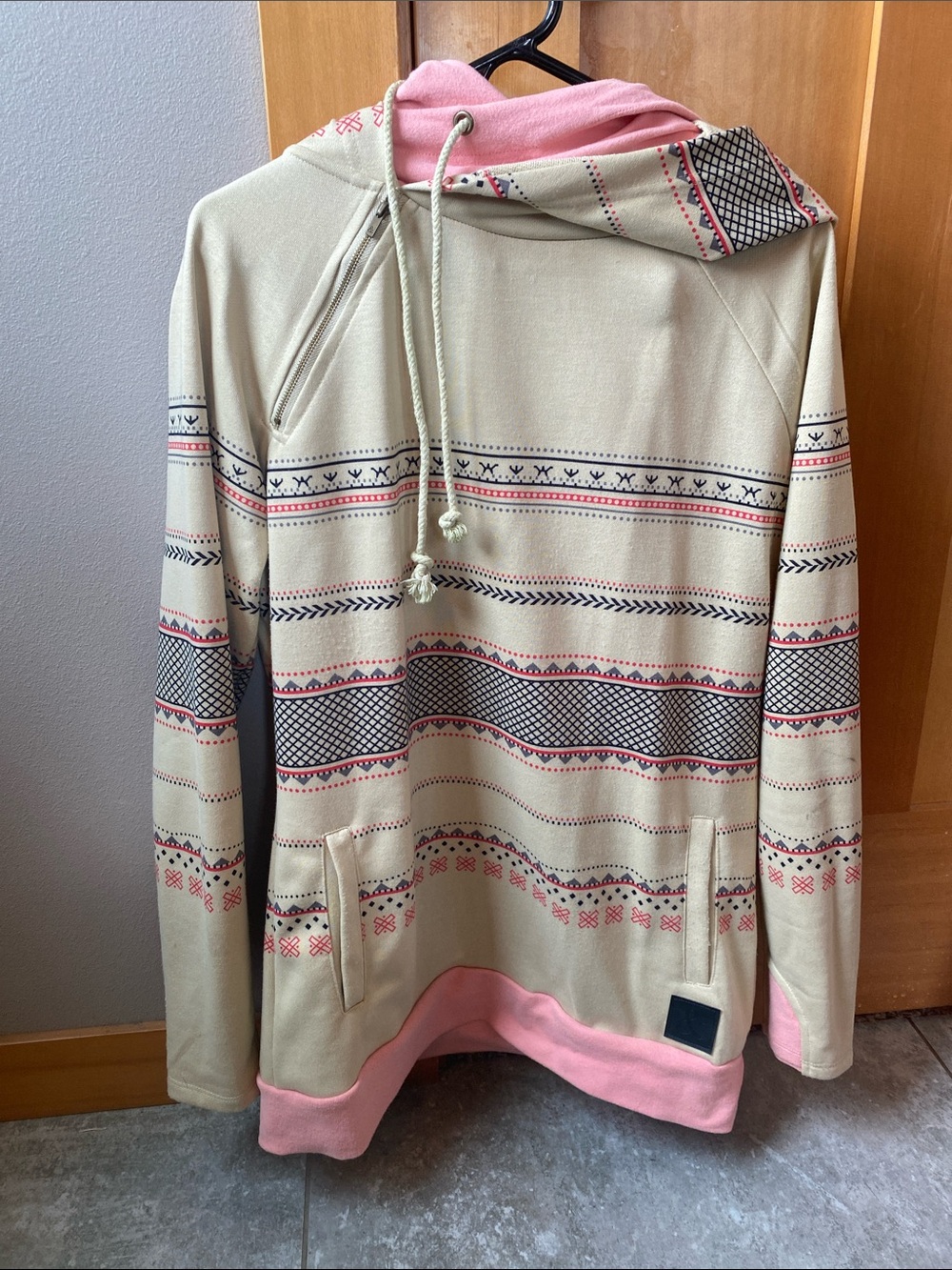 C Beige & Pink Patterned Crewneck Hoodie Sweater